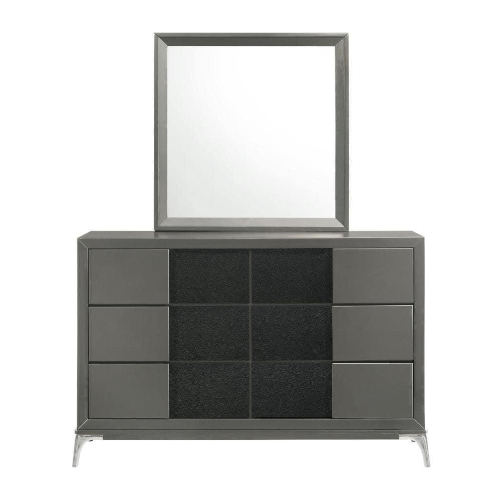 Benjara Rya 56 Inch Modern Wide Dresser with 6 Drawers, Gray Wood, Chrome