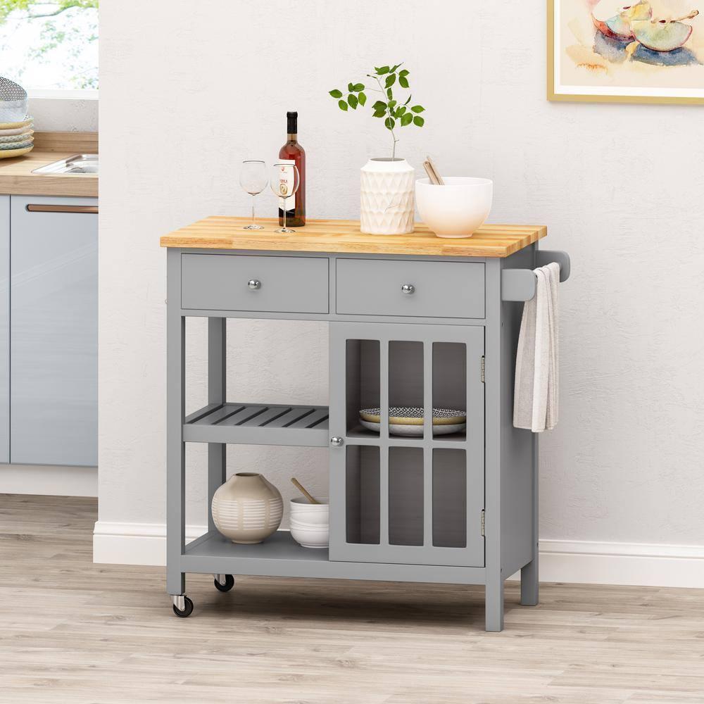 Noble House Rodrick Rubberwood Kitchen Cart, Gray, Natural