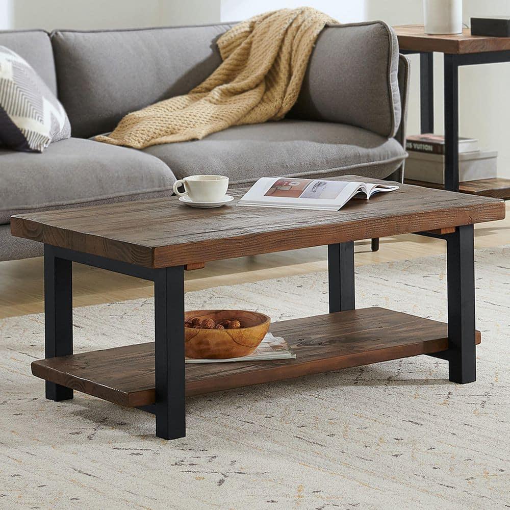 Alaterre Furniture 42" Pomona Wide Coffee Table Wood Rustic Natural: Fixed Shelf, Metal Frame, Living Room Furniture
