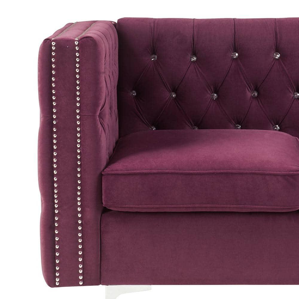 Acme Furniture Contemporary Velvet Nailhead Trim L Shaped Sectional Sofa Set Burgundy