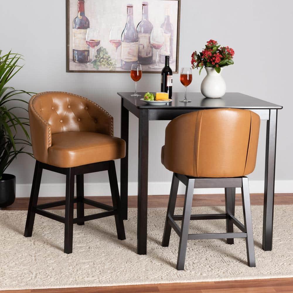 2pc Theron Faux Leather and Wood Swivel  Counter Height Barstool Set Tan/Espresso Brown - Baxton Studio: Mid-Century, Button-Tufted, Nailhead Trim