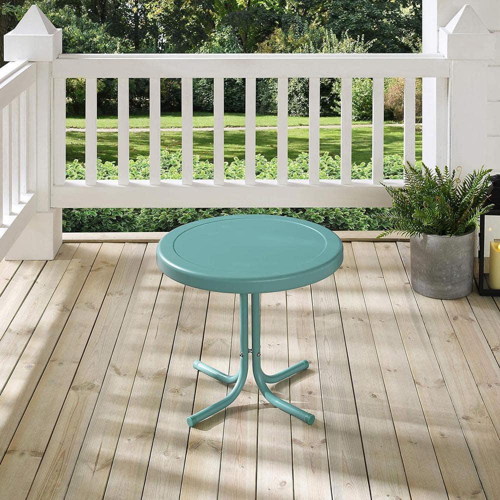 Crosley Retro Metal Patio Side Table Pastel Blue Satin: Vintage Style, Round, Weather-Resistant