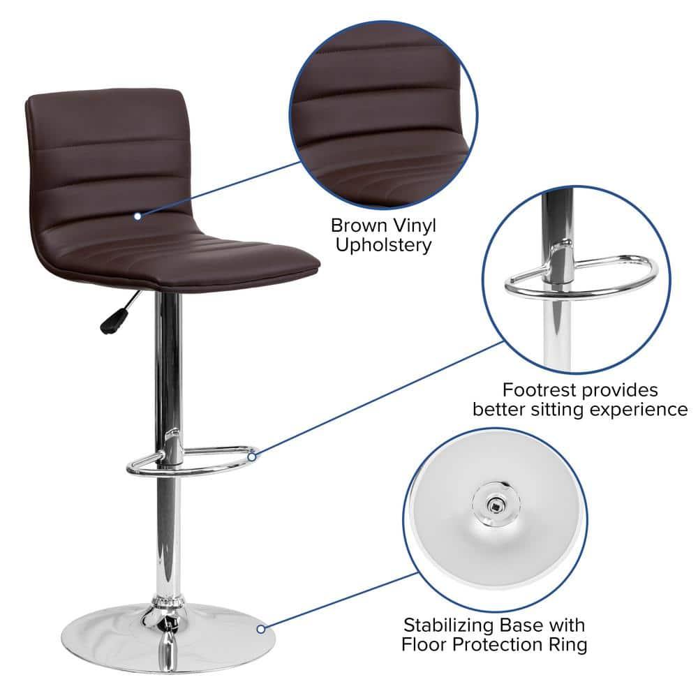 Flash Furniture Modern Brown Vinyl Adjustable Bar Stool with Back, Counter Height Swivel Stool with Chrome Pedestal Base