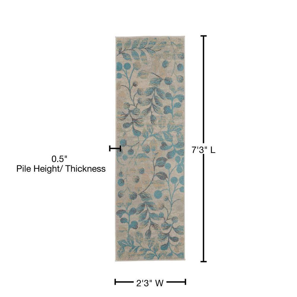 Nourison Tranquil 2'3" X 7'3" (7' Runner) Ivory/Turquoise Area Rug Contemporary Botanical Vine and Bloom by Nourison