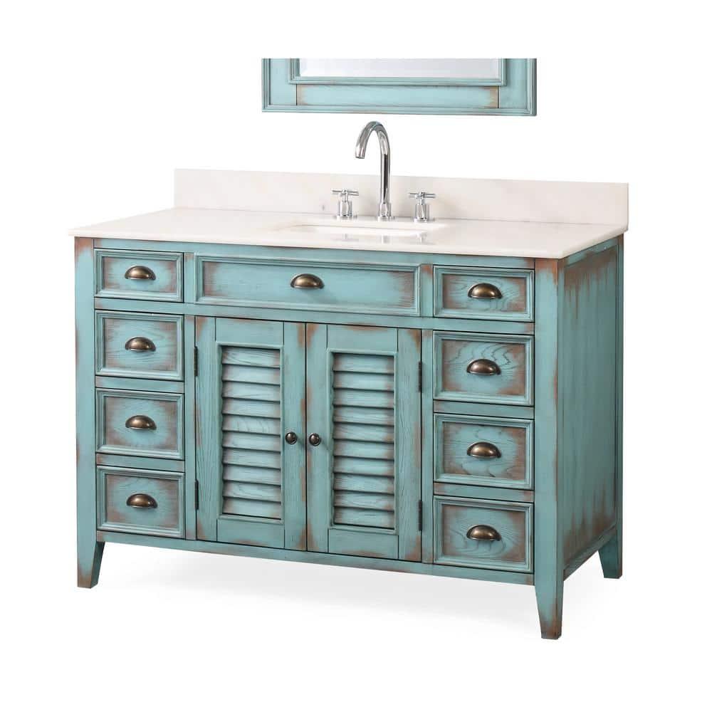 46 Inch Abbeville Distressed Blue Finish Cottage Plantation Style Bathroom Vanity with White Marble Stone Top, 4 Functional Drawers, Undermount Sink, Hardware Included