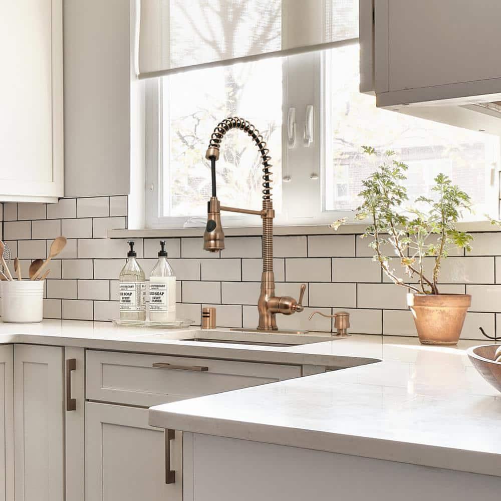 Akicon Pre-Rinse Spring Kitchen Faucet, Single Level with Pull Down Sprayer Copper Copper Finish