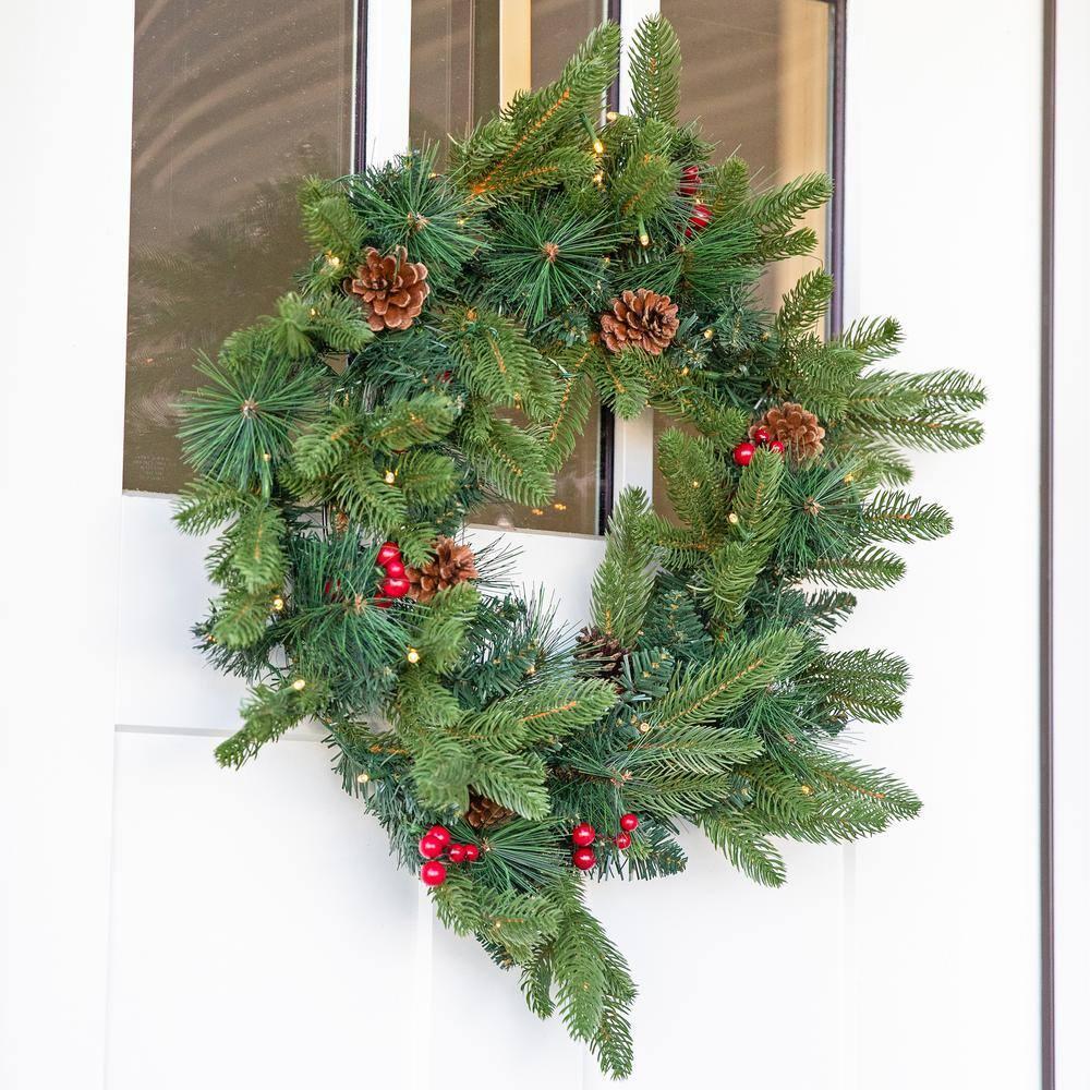 Sunnydaze 24" Diameter Indoor or Outdoor PVC Christmas Wreath with Pinecones and Berries - Traditional