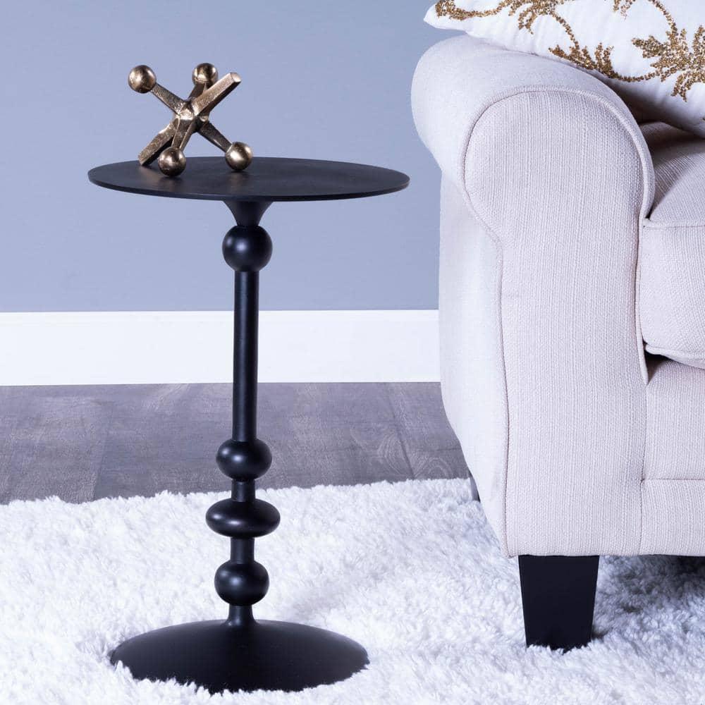 Elegant Round Black Iron and Wood Pedestal End Table