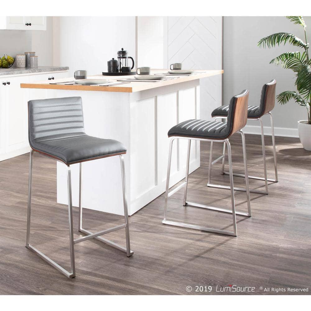 Contemporary Gray Faux Leather and Wood Metal Counter Stool