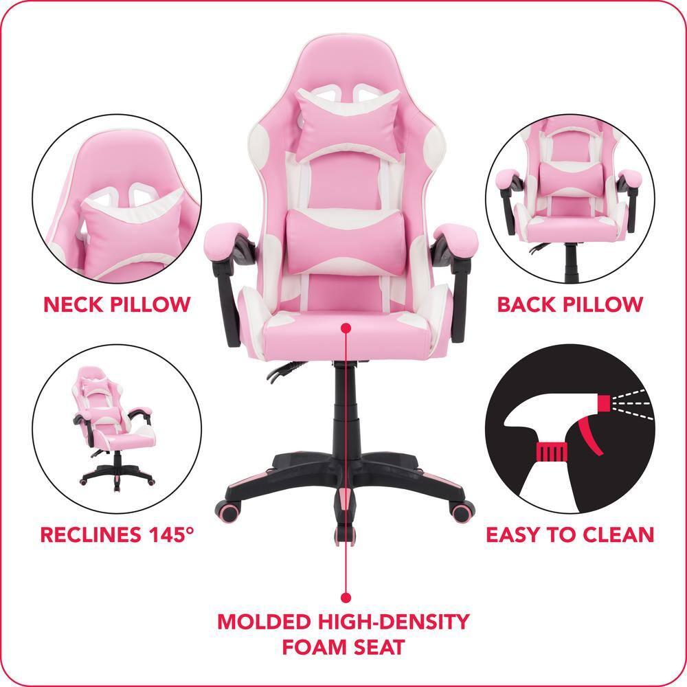 CorLiving Ravagers Pink and White Vinyl PVC Fabric Ergonomic Adjustable Height Gaming Chair for Adults - High Back Computer Chair, Gamer and Video Game Chair