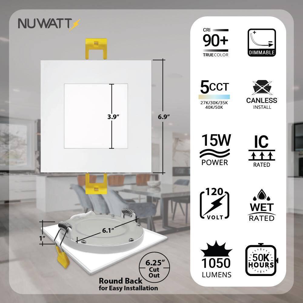 NUWATT 6 Pack 6 Inch Square Ultra-Thin LED Recessed Lighting, Selectable 2700K/3000K/3500K/4000K/5000K, High Brightness 1050 Lumens Dimmable, White Canless Slim Wafer Light, IC Rated, Metal J-Box