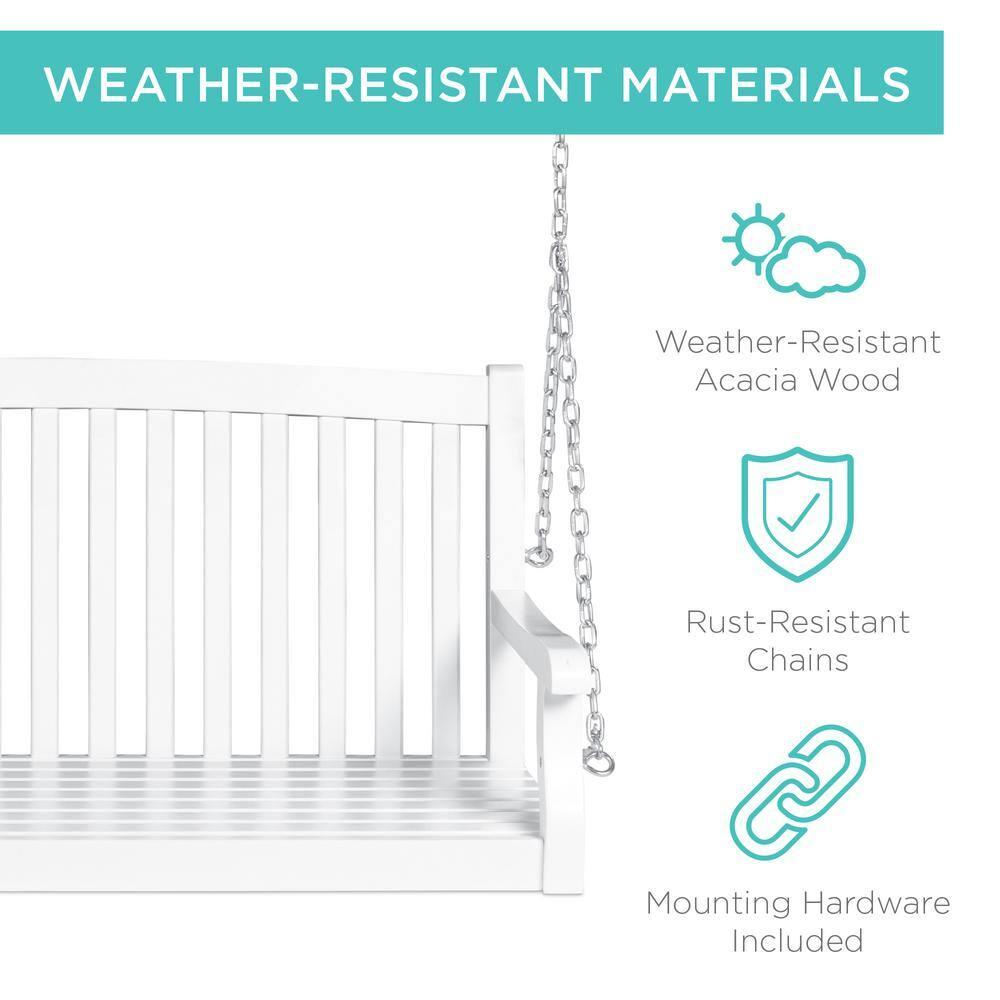Best Choice Products 48in Wood Porch Swing Outdoor Patio Hanging Bench Chair w/ Mounting Chains, 500lb Capacity - White
