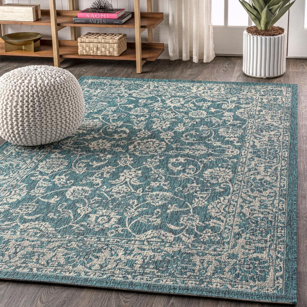 4'x6' Tela Bohemian Textured Weave Floral Indoor/Outdoor Area Rug, Teal/Gray - JONATHAN Y