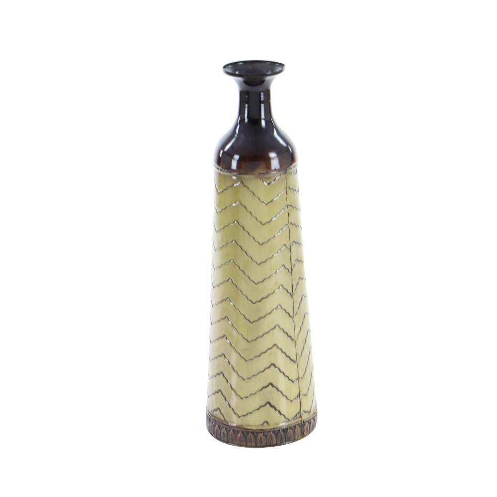DecMode 32", 27", 22"H Tall Enameled Bottleneck Floor Multi Colored Metal Vase with Chevron Pattern, Set of 3
