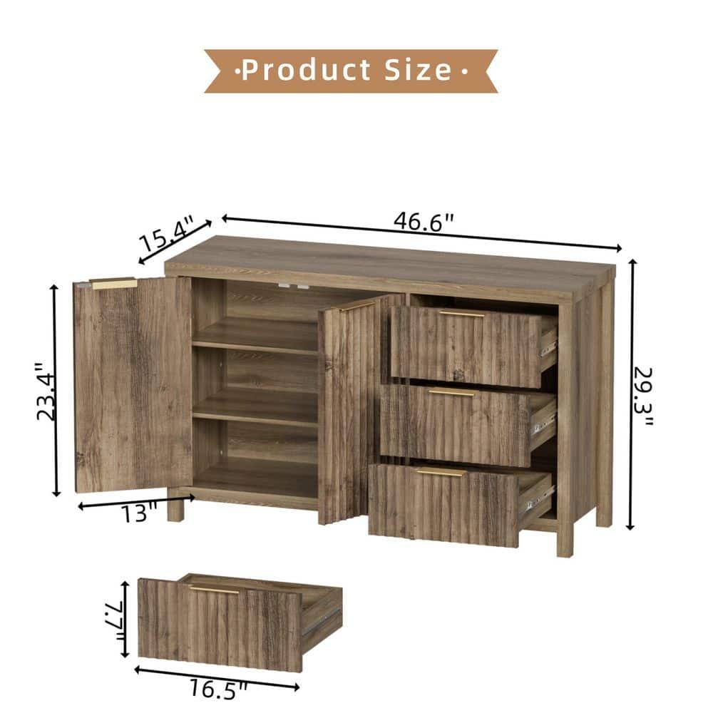 47" Brown MDF Wood Sideboard Buffet Cabinet with Grooved Doors and Drawers