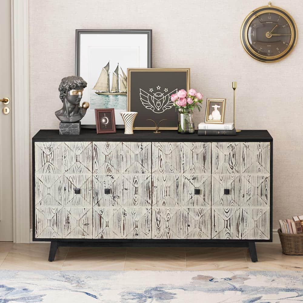 59.84 in. Black and White Elm Wood Vintage Sideboard Cabinet