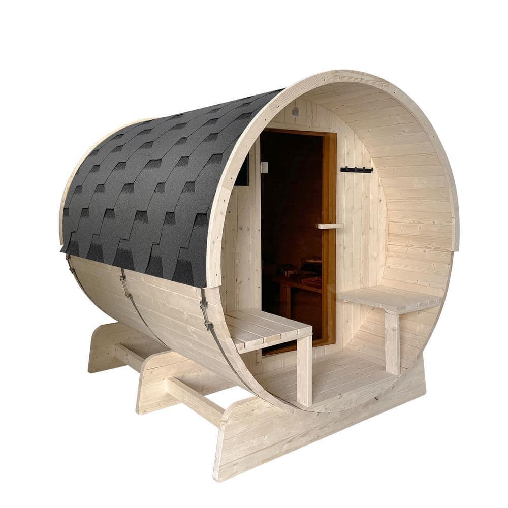 ALEKO Outdoor or Indoor White Finland Pine Wet Dry Barrel Sauna - Front Porch Canopy - 8 kW UL Certified KIP Harvia Heater -6-8 Person