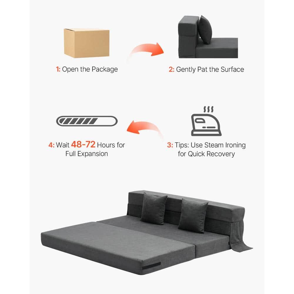 VEVOR Folding Sofa Bed, 3-in-1 Foldable Couch Bed with 2 Pillows and Washable Cover, 25D High Density Memory Foam Sleeper Chair Bed, Dark Grey(Queen)