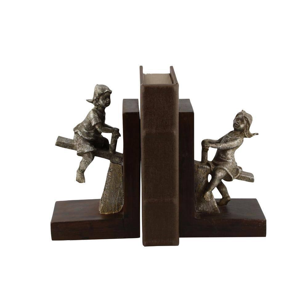 DecMode 4" People Brown Polystone Bookends with Swing Set (Set of 2)