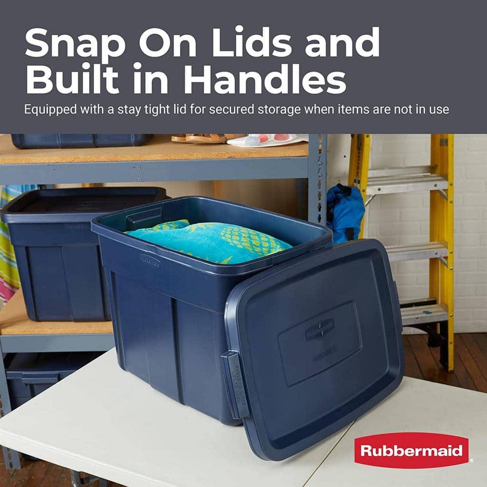Rubbermaid Roughneck 18 Gallon Rugged Stackable Storage Tote with Lid and Handles for Home Usage, Dark Indigo Metallic, 6 Pack