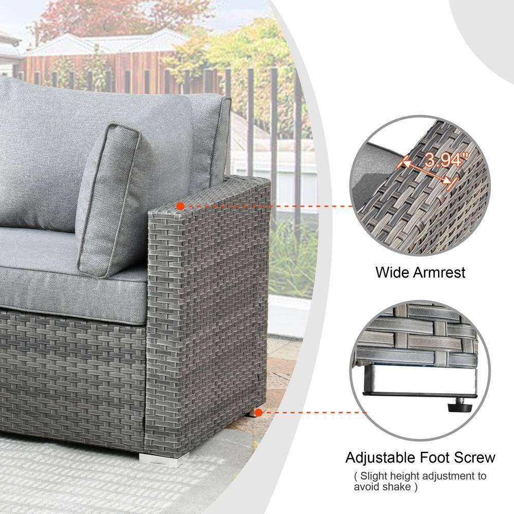 Ovios Venice 11pc Wicker Outdoor Patio Furniture Set Conversation Sofa with a Metal Fire Pit Swivel Chairs and Dark Gray Cushions