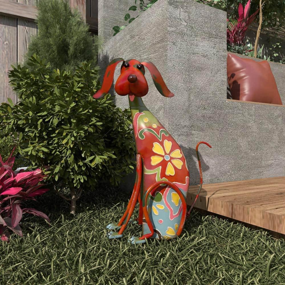 DecMode Eclectic Metal Indoor/Outdoor Multi Colored Dog Sculpture with Floral Design, 12"W x 17"H