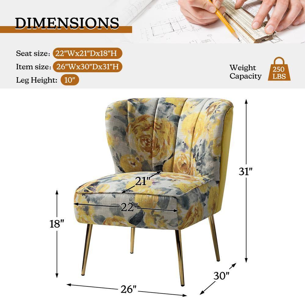 Contemporary Upholstery Accent Chair Metal Base Tufted Back Elegant Pattern seat Home Living Room Bedroom Yellow