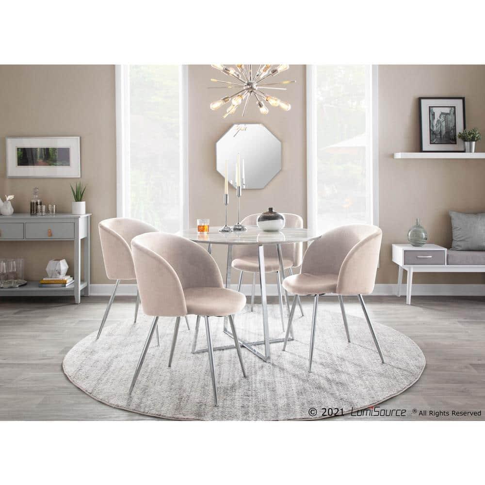 Set of 2 Fran Dining Chairs Velvet/Metal Chrome/Cream: Padded, Tapered Legs, LumiSource
