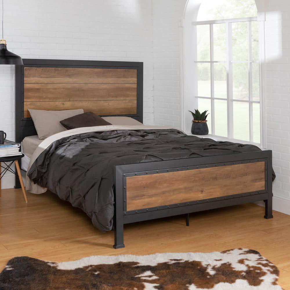 Rustic Oak Queen Bed with Metal Frame and Wood Headboard