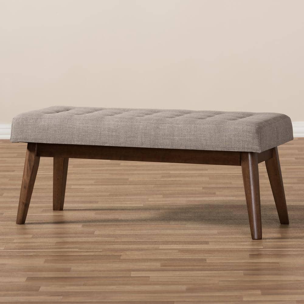 Elia Mid Century Modern Walnut Wood Fabric Button Tufted Bench Light Gray - Baxton Studio