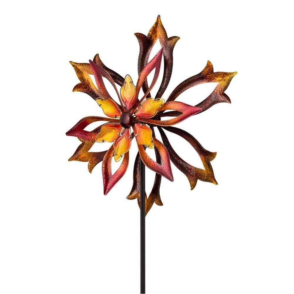96" Glass/Iron Outdoor Flower Dual Kinetic Spinner Stake Red/Yellow - Alpine Corporation: Yard Art Decor