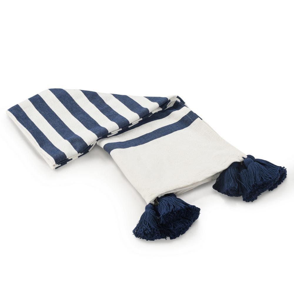 Ox Bay Navy Blue/White Striped Cotton Throw Blanket, 50" x 60"