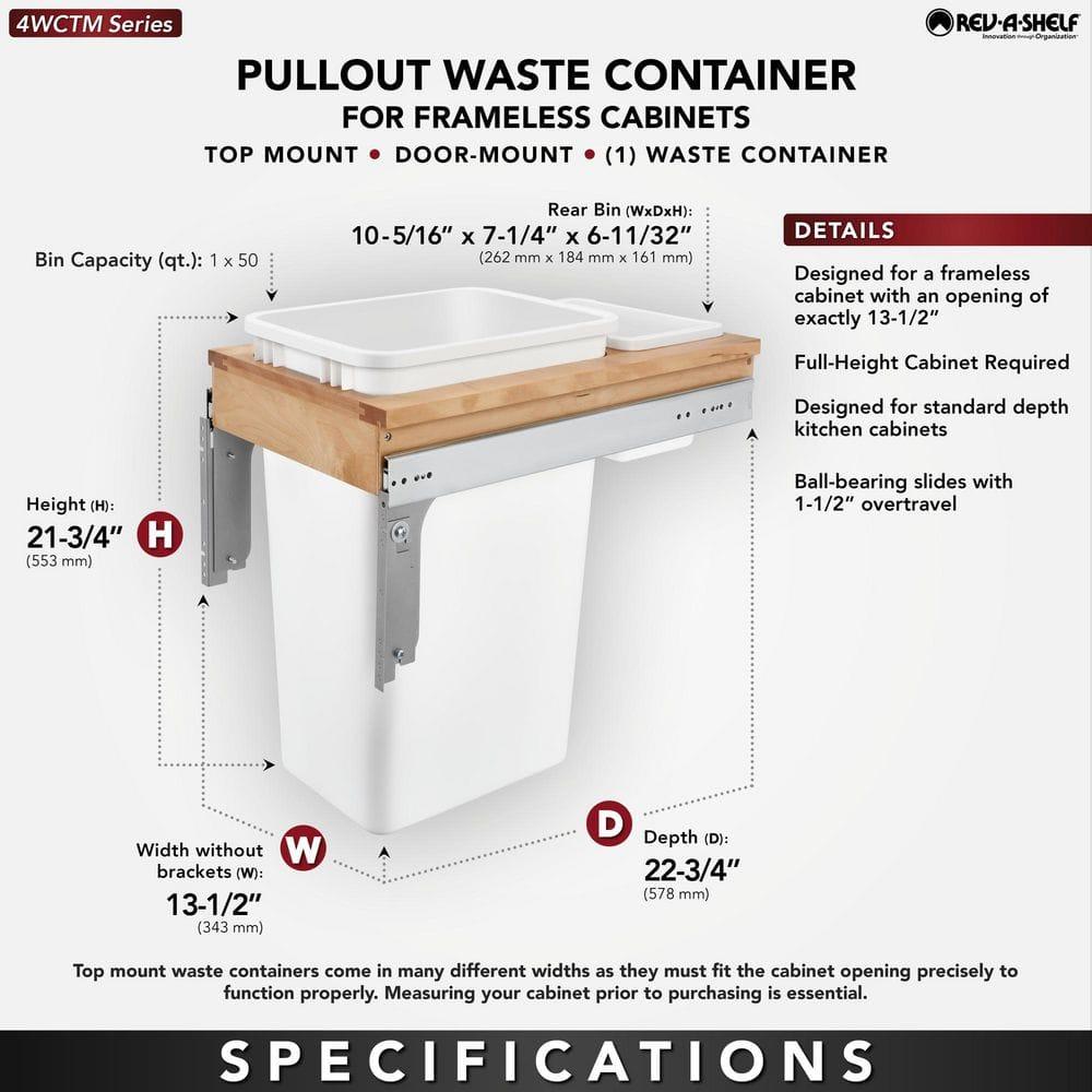 Rev-A-Shelf Single Pullout Trash Can for Full Height Kitchen Cabinet 50 Quart 12.5 Gallon, Top Mount 13.5 Inch Wide, White, 4WCTM-1550DM1-343-FL
