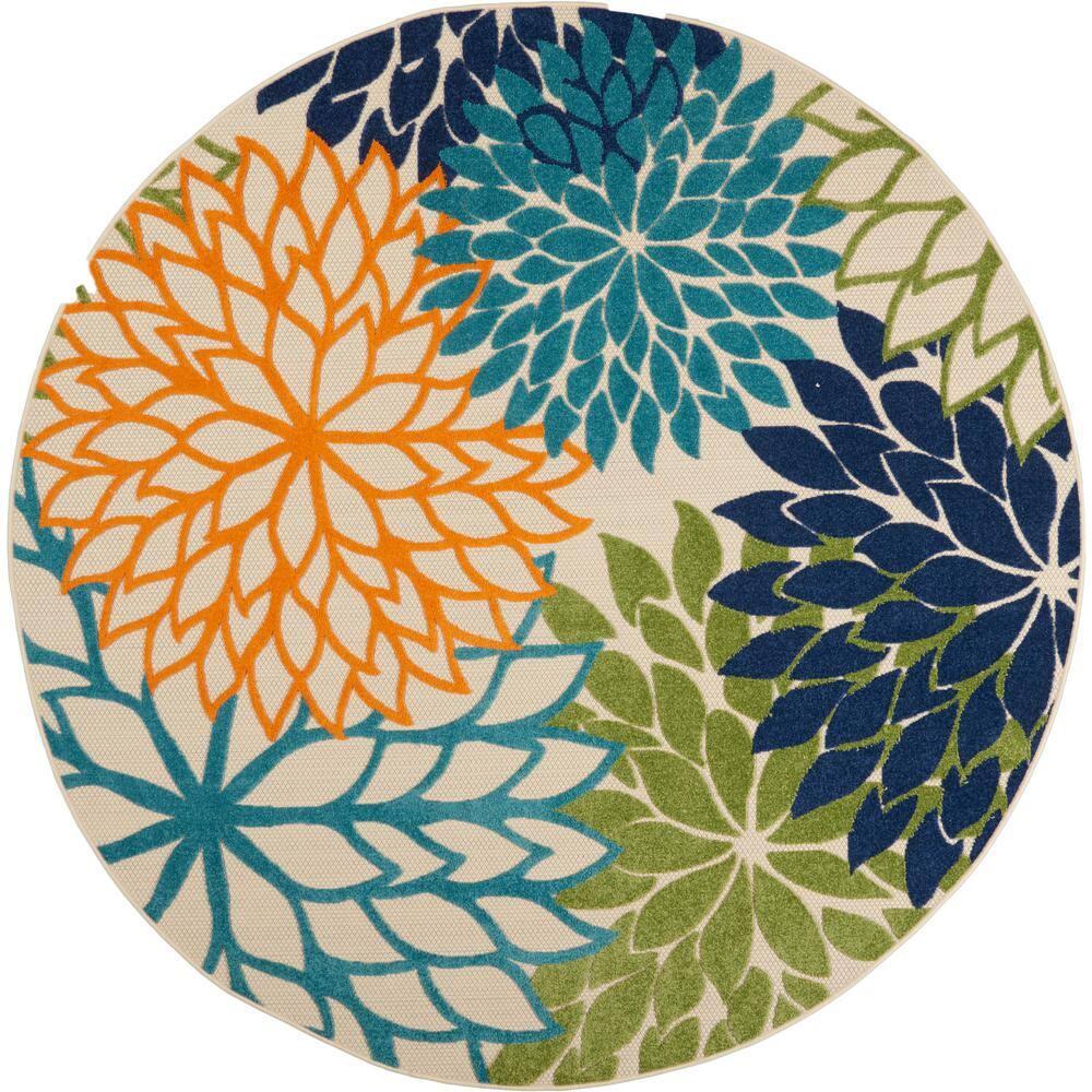 Nourison Aloha Floral Bloom Flatweave High-Low Indoor Outdoor Round Rug Multicolor 7'10" x 7'10"