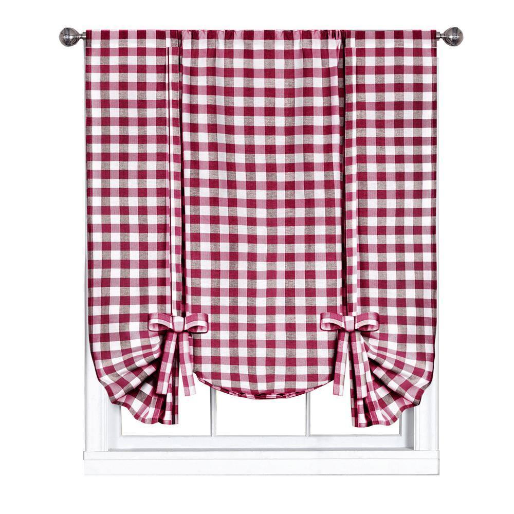 Buffalo Check Plaid Gingham Tie-Up Window Single Curtain, 42" x 63", Burgundy