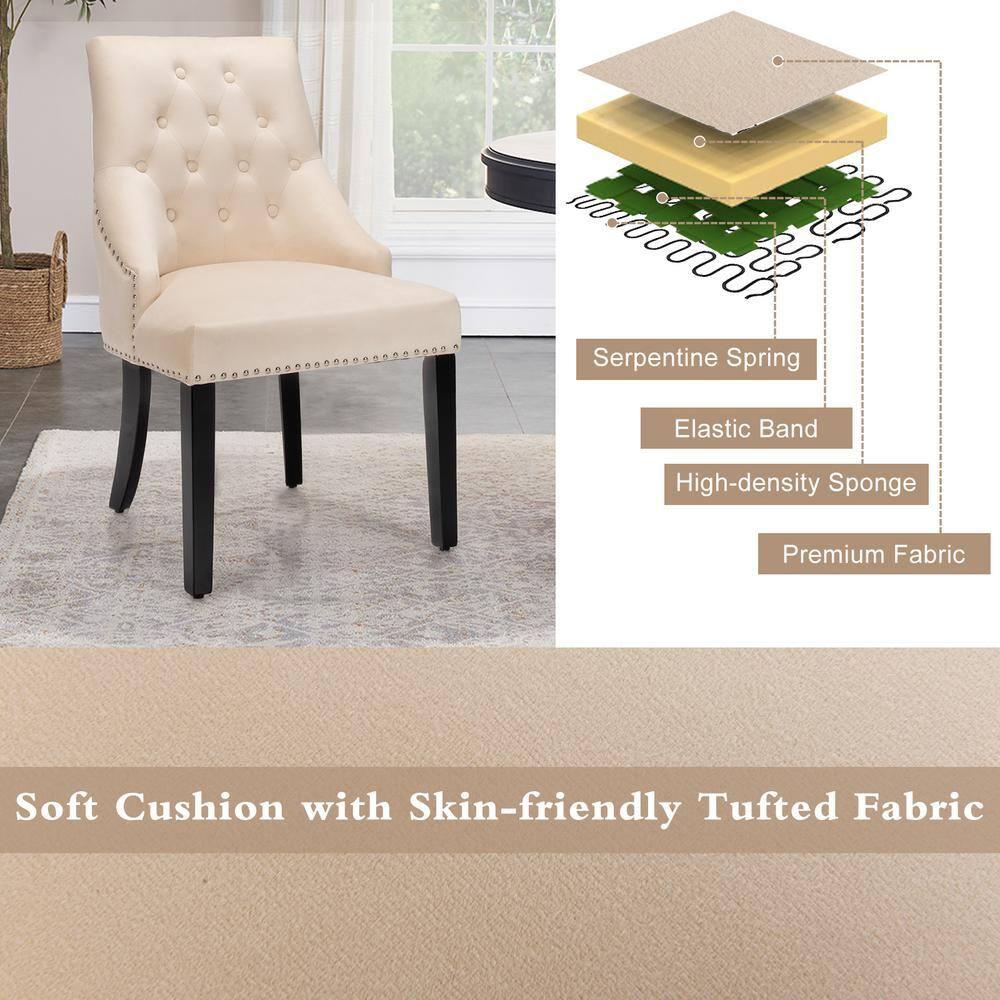 Velvet Dining Chair Upholstered Tufted Armless w/ Nailed Trim & Ring Pull Beige