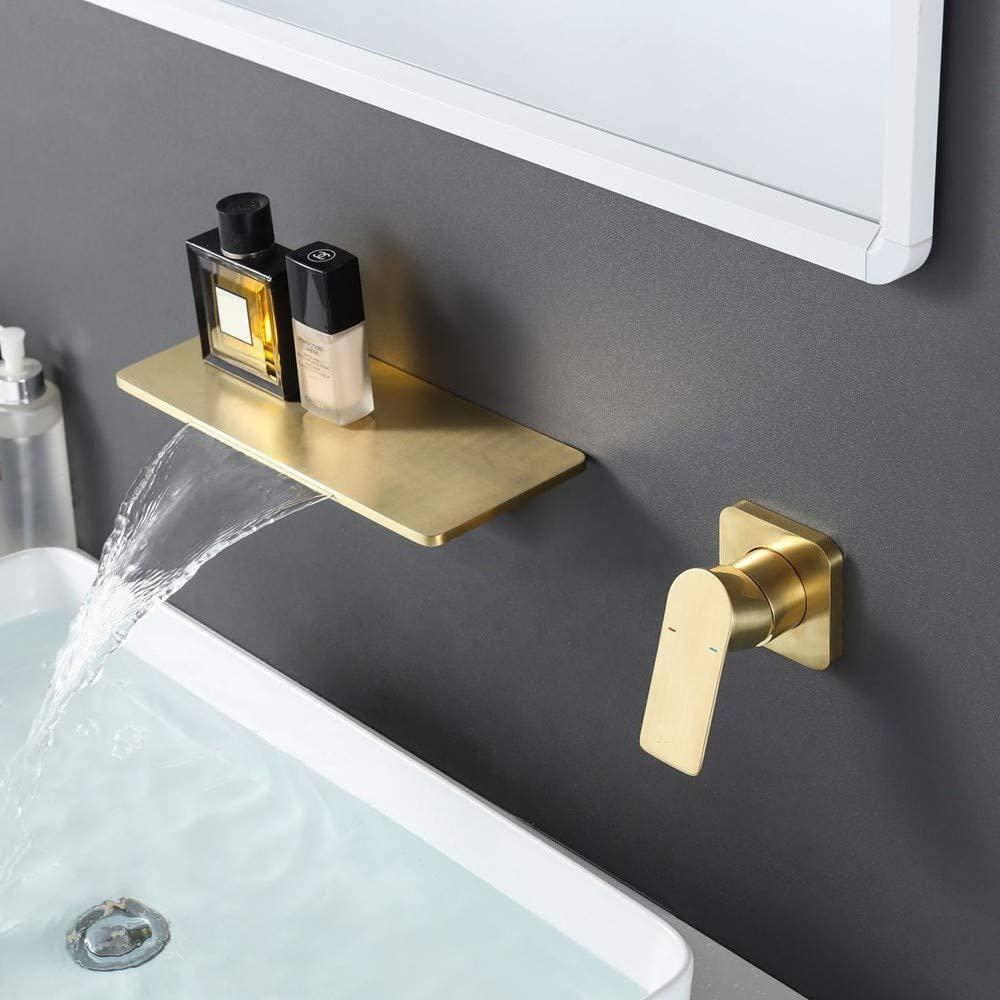 Bathroom Faucet Waterfall Bathroom Sink Faucet Brushed Gold Brass Basin Mixer Tap Single Handle Basin Tap Wall Mounted Lavatory Faucet with Cold and Hot Water