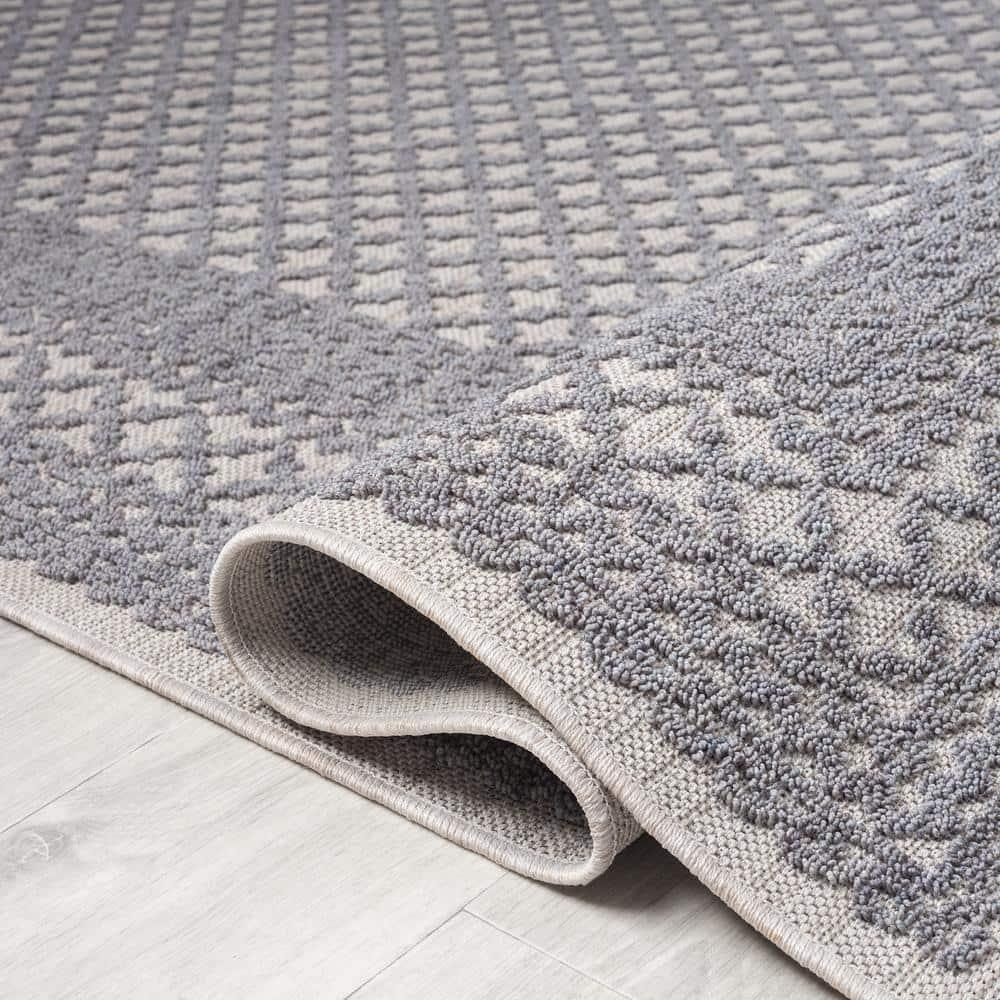 LR Home Gayle 7'10" x 8'10" Gray/Ivory Bordered Performance Indoor/Outdoor Area Rug