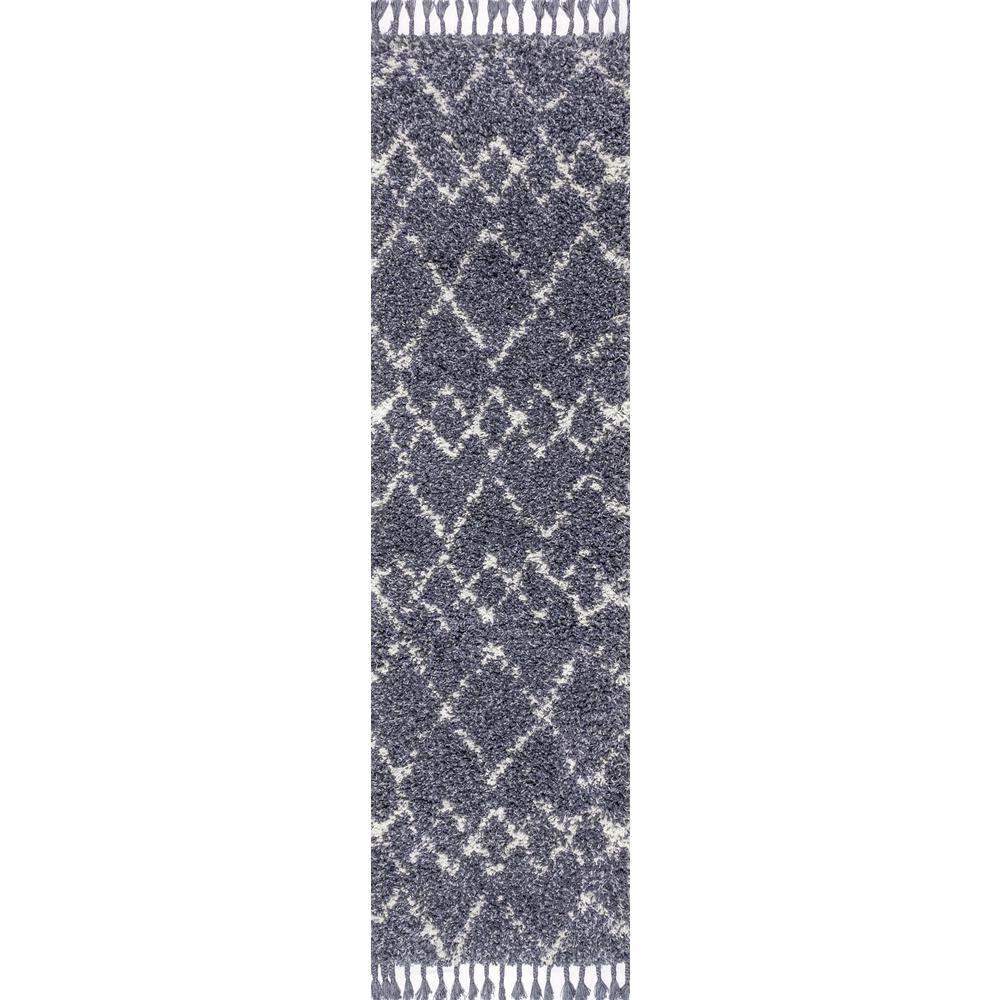 2'x8' Mercer Shag Plush Tassel Moroccan Geometric Trellis Area Rug, Denim/Cream - JONATHAN Y