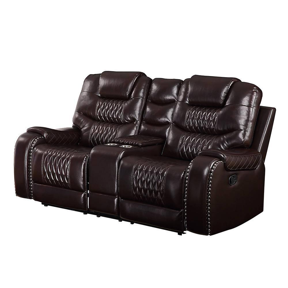 78" Braylon Active Sitting Chair Brown PU - Acme Furniture: Loveseat with Console & Cup Holders