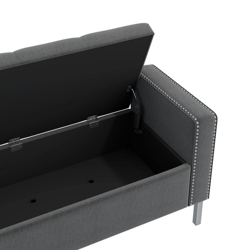 Square Arm Tufted Top Storage Ottoman with Pewter Nailhead Trim in Plush Velvet
