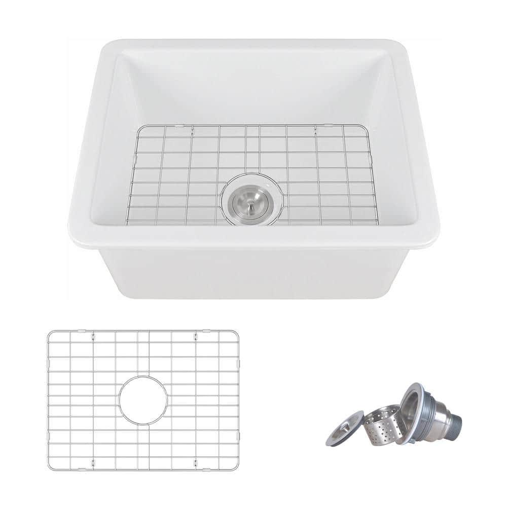 24" L x 19" W Rectangular White Fireclay Undermount Kitchen Sink with Basket Strainer and Sink Grid