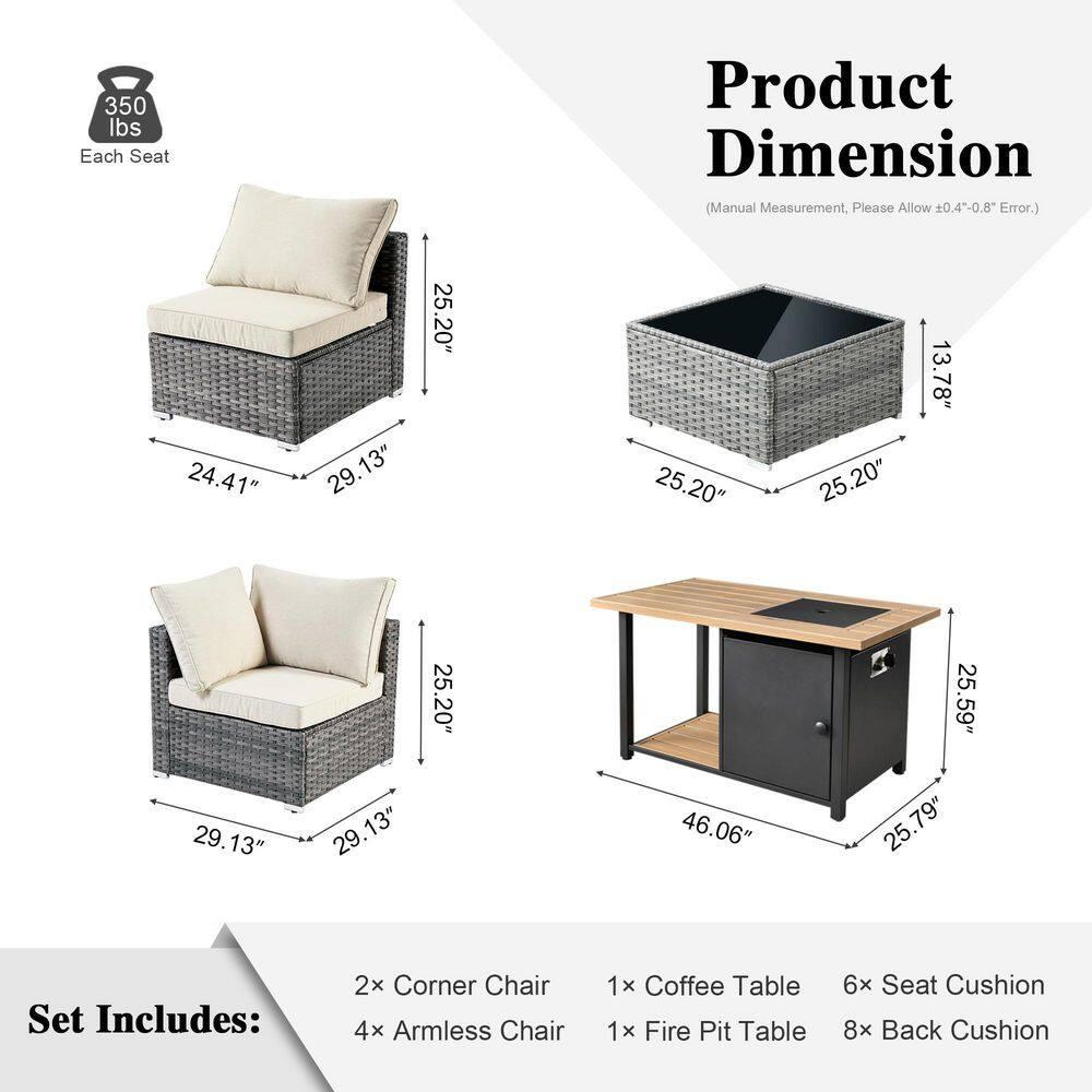 Ovios Venice 8pc Wicker Outdoor Patio Furniture Set Conversation Sofa with a Storage Fire Pit and Navy Blue Cushions