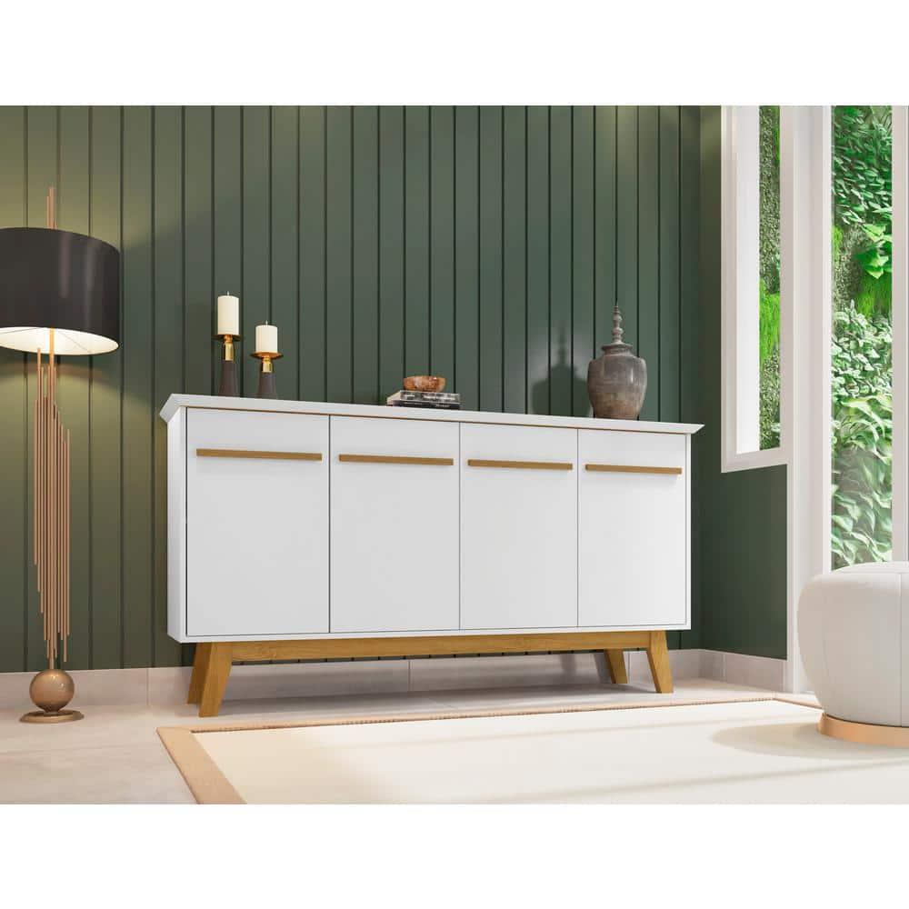 62.99" Yonkers Sideboard White - Manhattan Comfort: Mid-Century Buffet, Storage Console with 4 Doors & Fixed Shelves