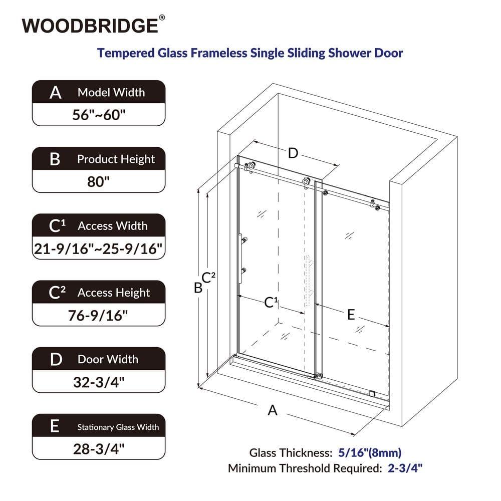 WoodBridge 44-48" W x 80" H Double Sliding Semi- Frameless Shower Door with 5/16"(8mm) Clear Tempered Glass SURFK-4880--CH