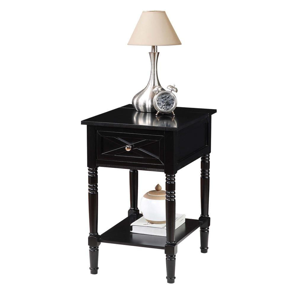 Convenience Concepts Country Oxford 1 Drawer End Table with Charging Station and Shelf, Black