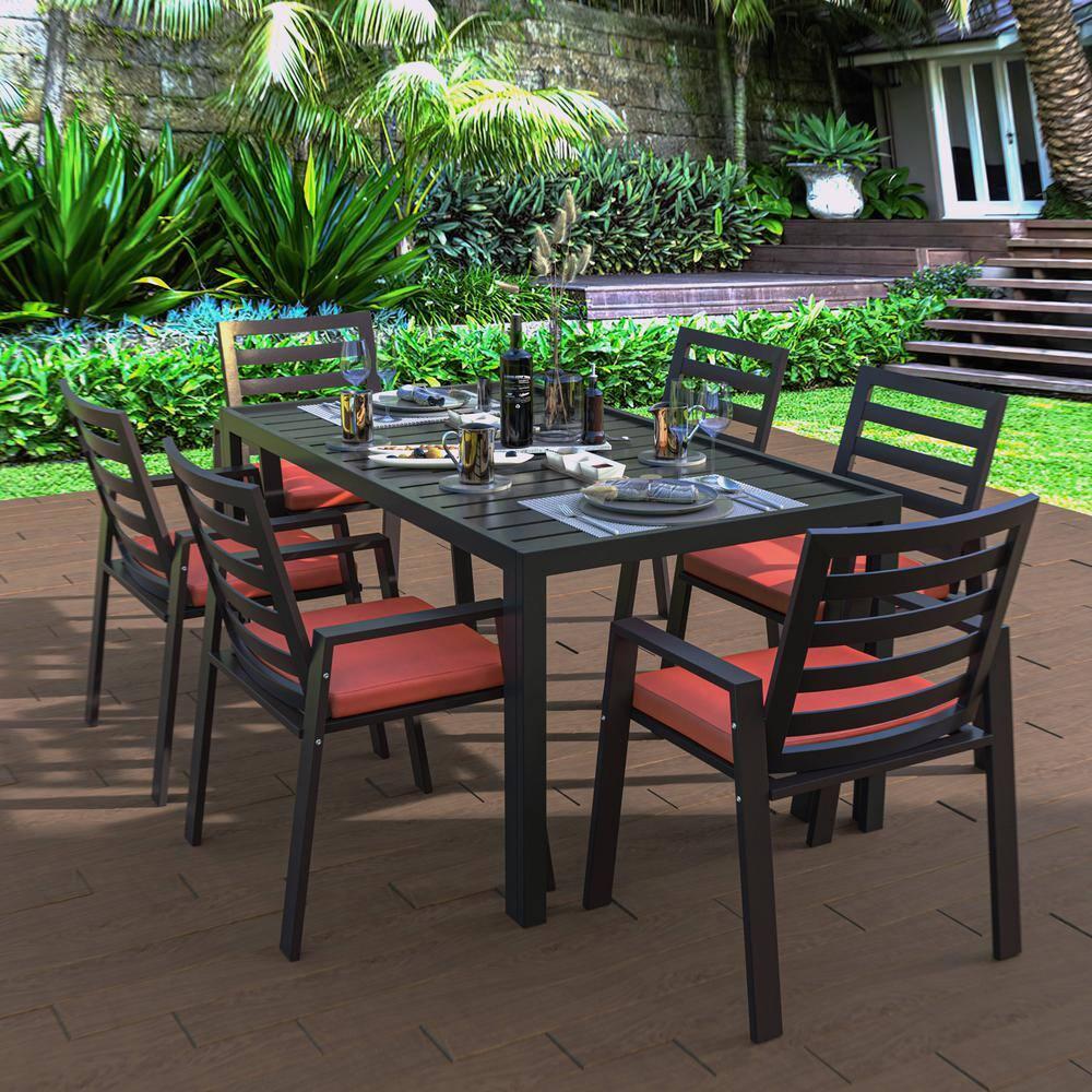 LeisureMod Chelsea Modern Patio Dining Armchair in Aluminum with Removable Cushions Set of 2 in Cherry Red