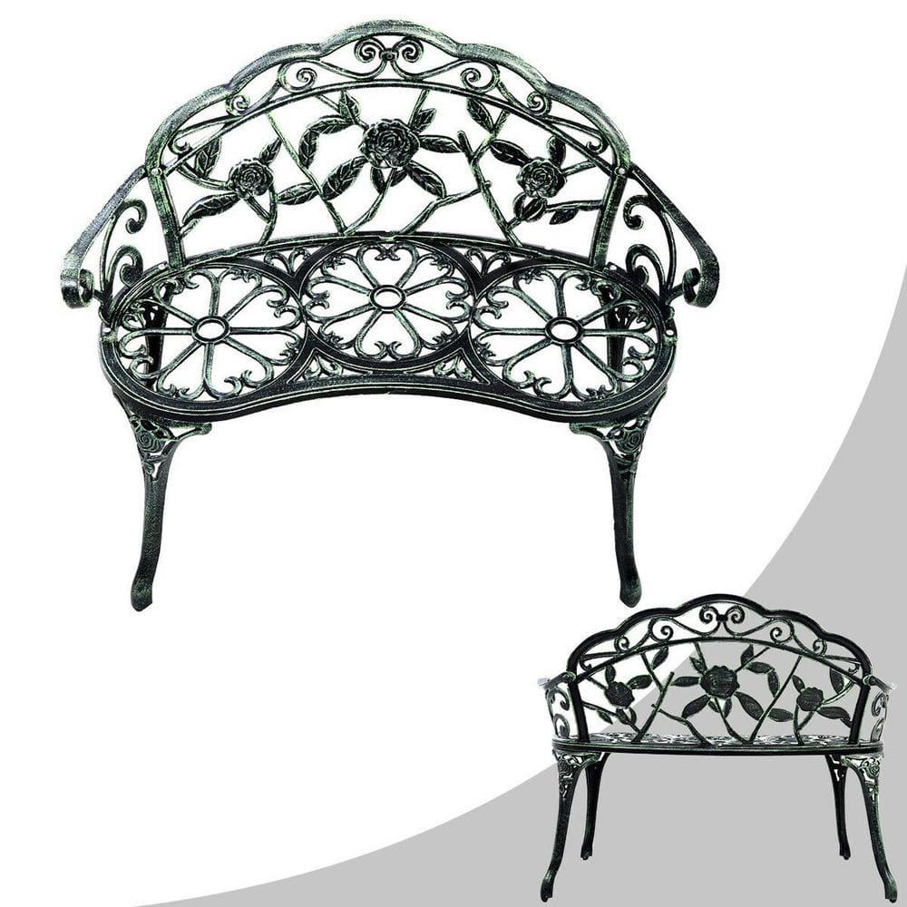Costway Patio Garden Bench Chair Style Porch Cast Aluminum Outdoor Rose Antique Green
