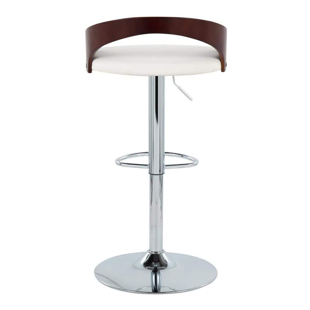 Grotto Mid-Century Modern Adjustable Height Barstool with Swivel in Chrome Metal, Cherry Wood and White Faux Leather with Oval Footrest by LumiSource - Set of 2