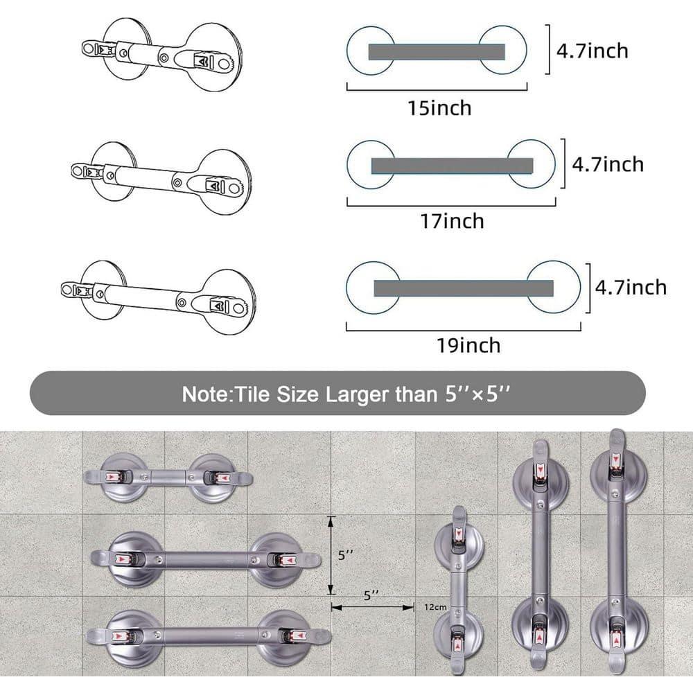 19-Inch Shower Handle - Upgraded Grab Bar with Strong Suction Cups for Bathtub & Shower Safety, Ideal for Seniors, Elderly, Disabled，Silver